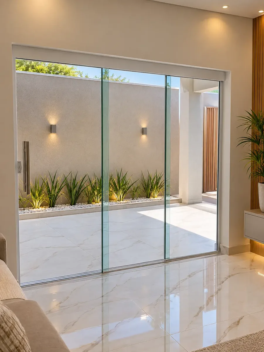 Porta 3 Folhas ampla em vidro transparente instalada em projeto residencial em São Paulo